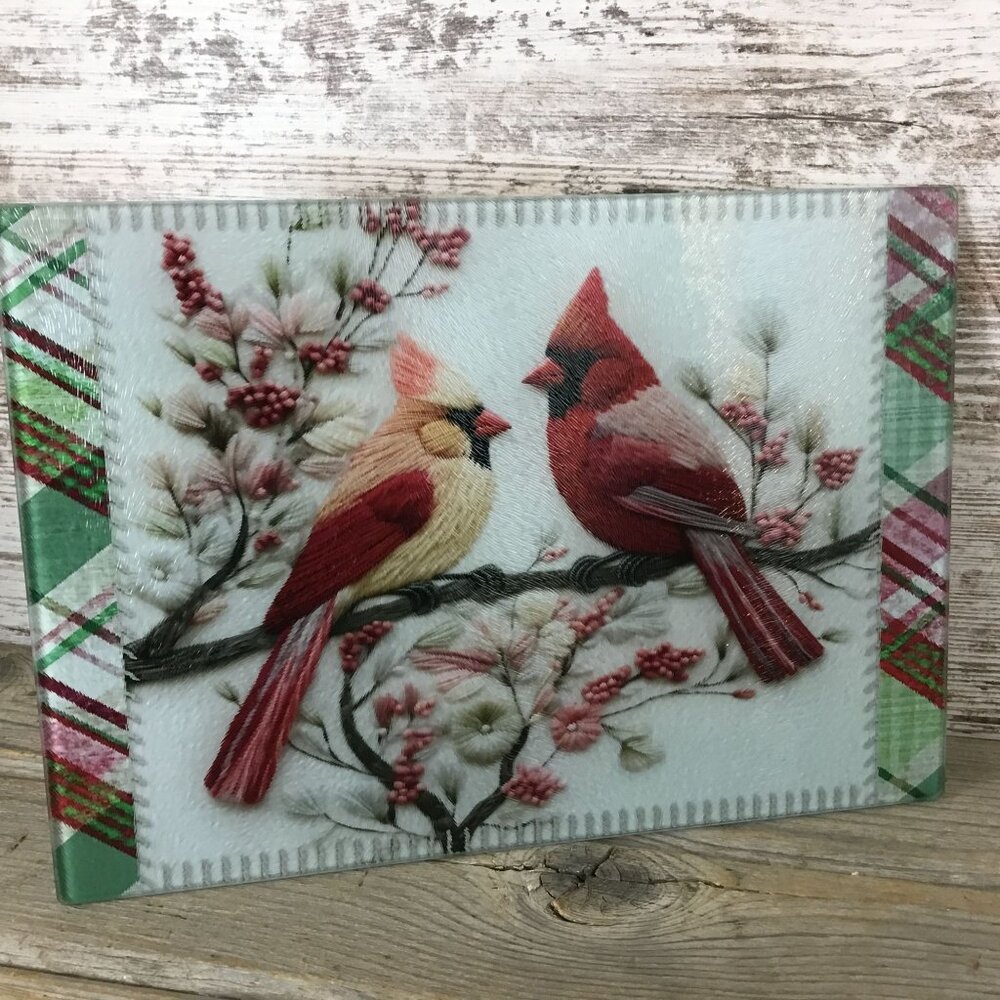 Cardinals Festive Plaid Glass Cutting Board 8" x 11.25"